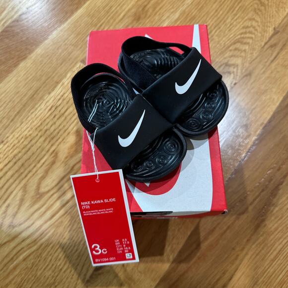 Nike Kawa Slide TD Baby 3C Black White Sandals New - Picture 1 of 2